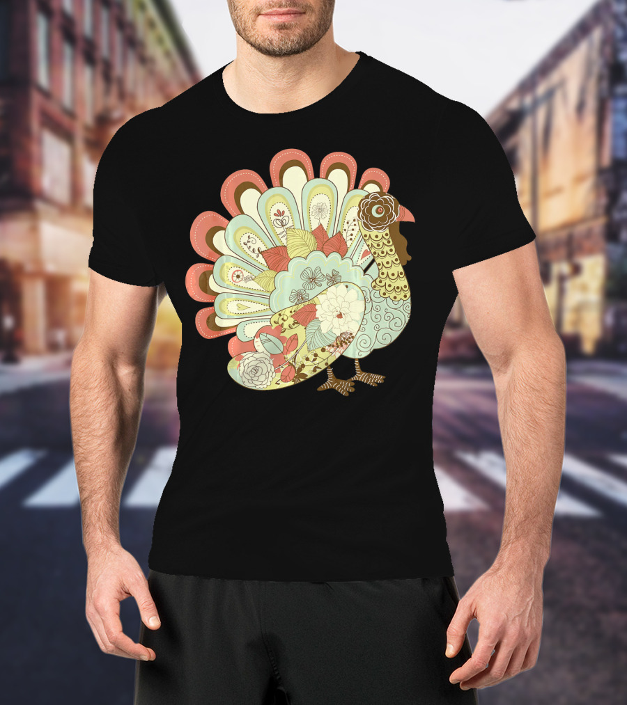 Retro Thanksgiving Turkey Vintage Floral T-Shirt