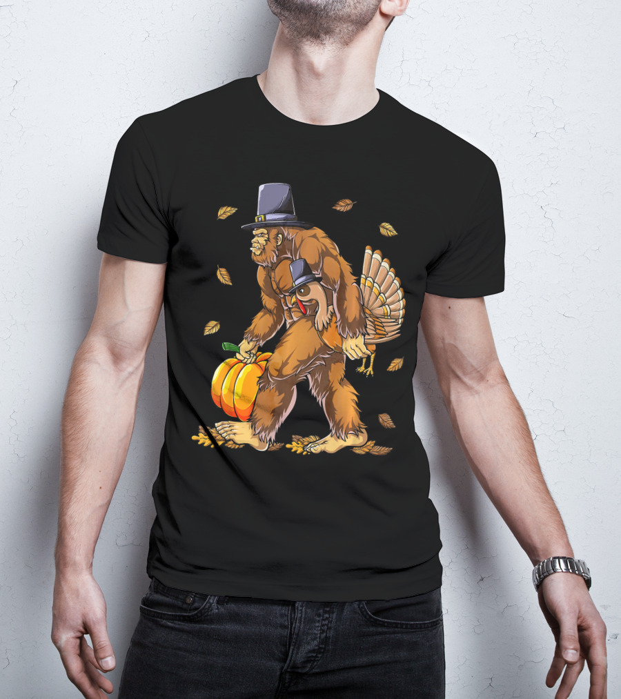 Bigfoot Pilgrim Turkey Carrying Pumpkin Thanksgiving T-Shirt