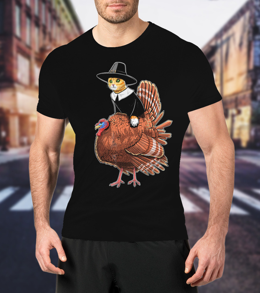 Thanksgiving Cat Dressed As Pilgrim Riding Turkey T-Shirt
