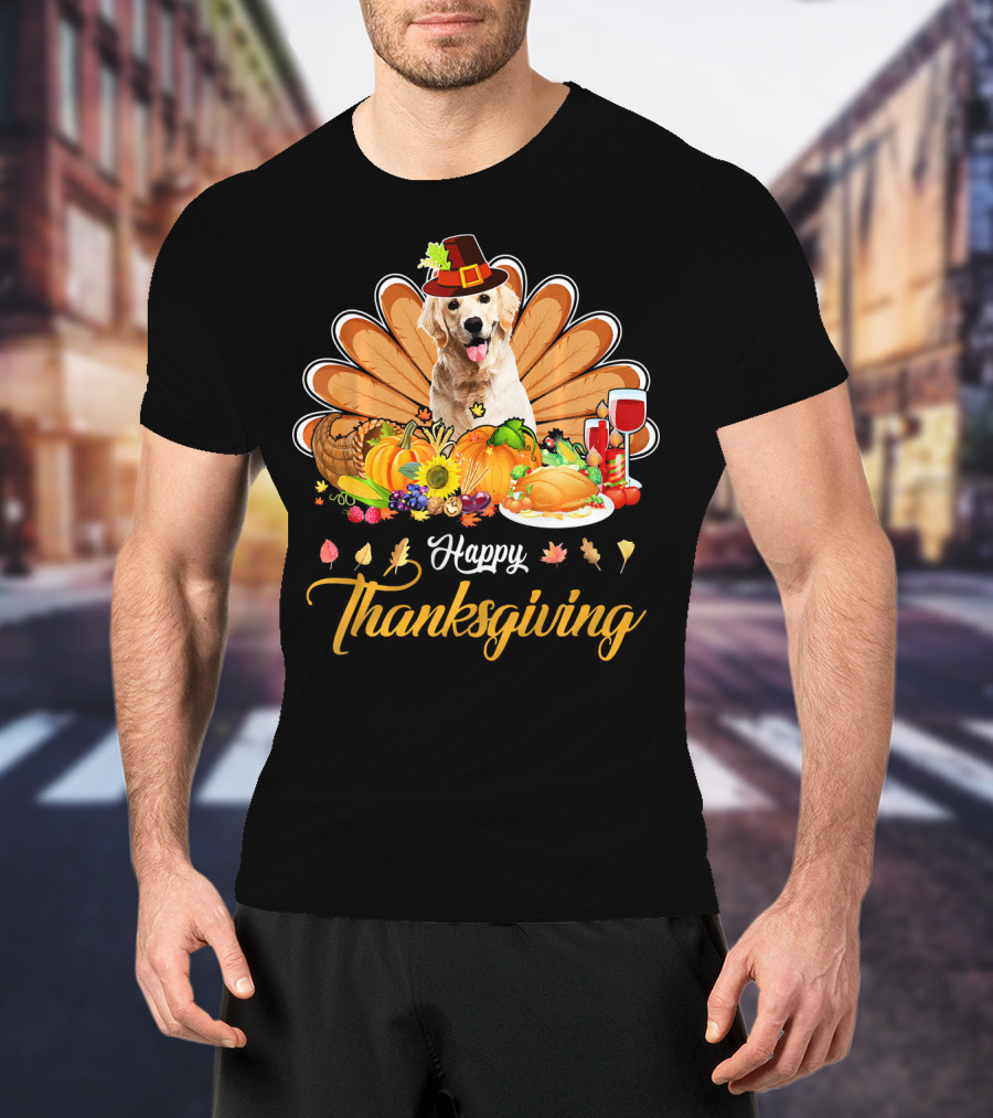 Happy Thanksgiving Golden Retriever Turkey Dish Wine T-Shirt