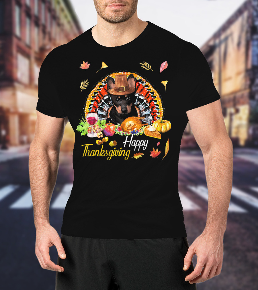 Happy Thanksgiving Heeler Dog With Feast And Autumn Leaves T-Shirt
