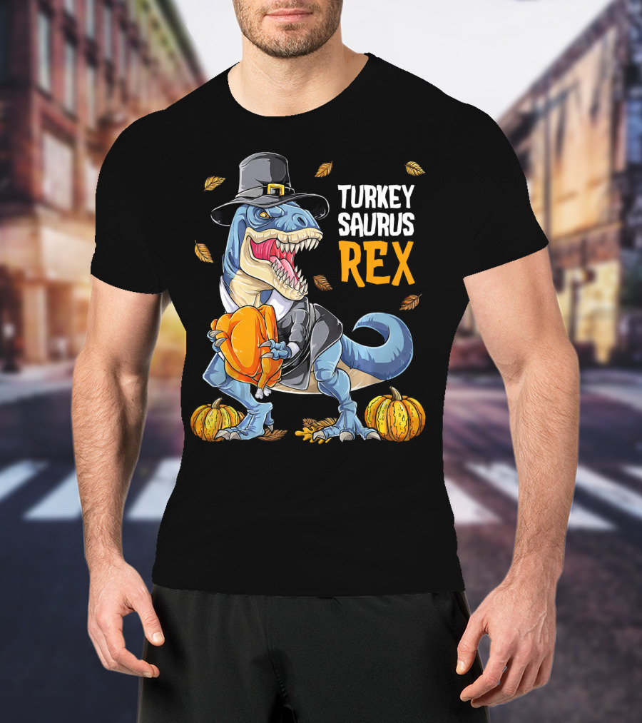 Turkey Saurus Rex Dinosaur Thanksgiving Boys Pilgrim Hat Pumpkin T-Shirt