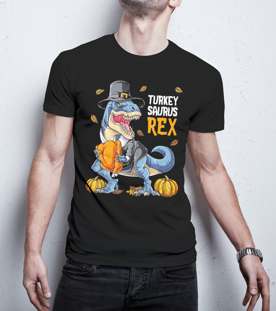 Turkey Saurus Rex Dinosaur Thanksgiving Boys Pilgrim Hat Pumpkin T-Shirt