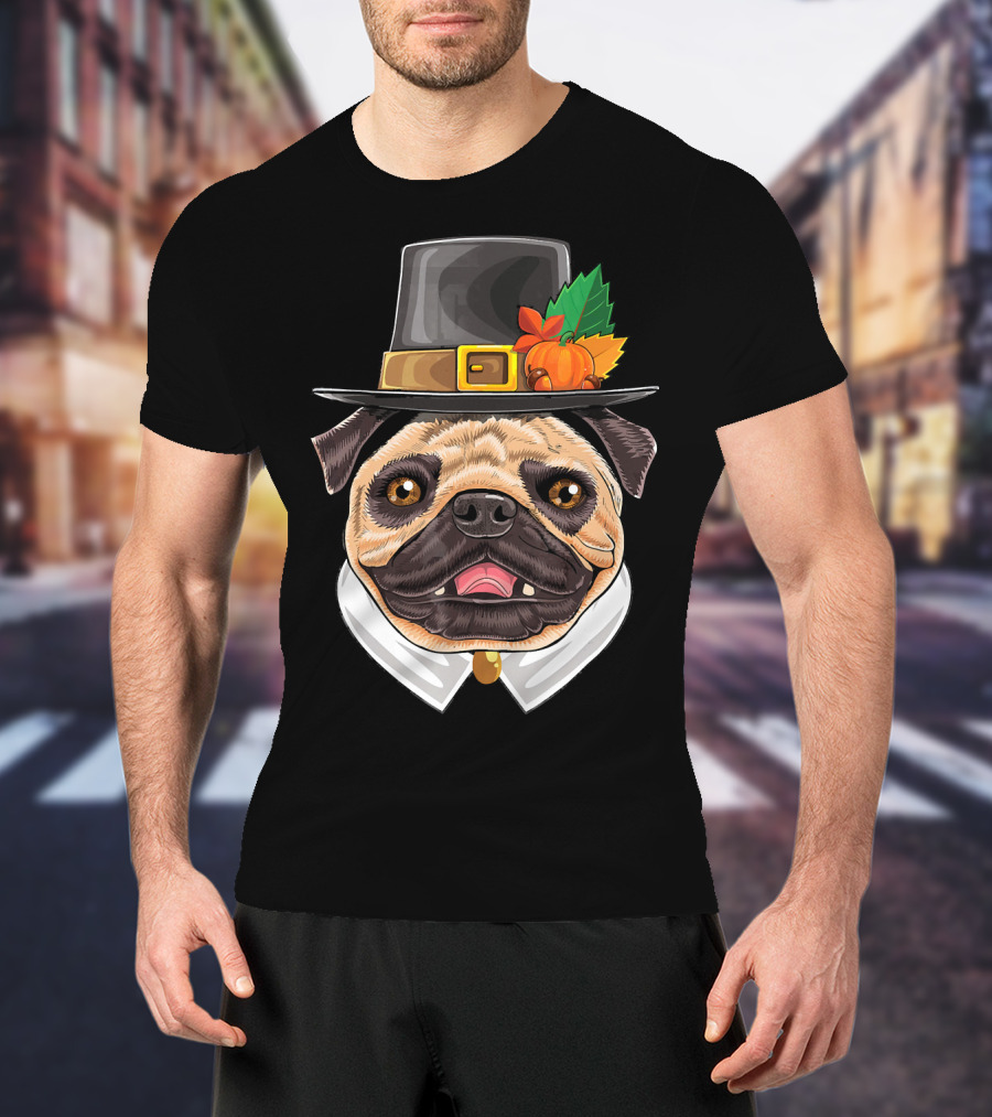 Thanksgiving Pug Pilgrim Hat With Pumpkin And Leaves T-Shirt