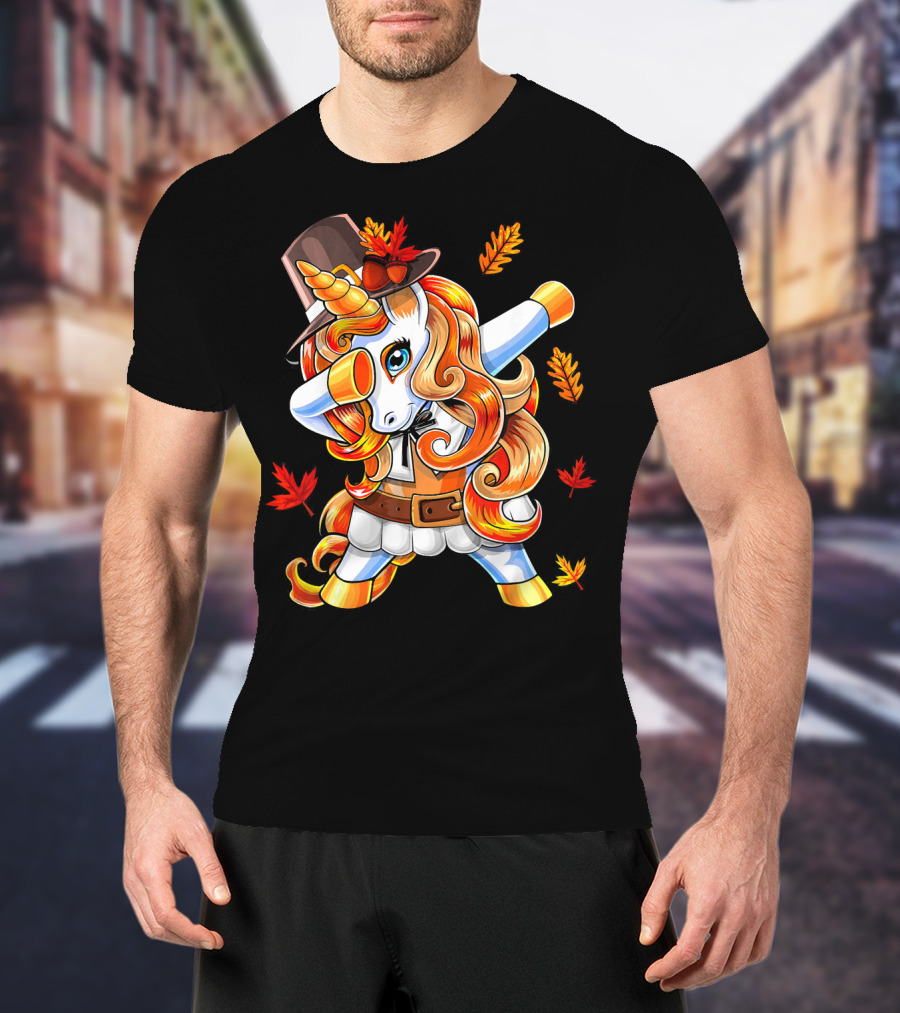 Thanksgiving Pilgrim Unicorn Dabbing Autumn Leaves T-Shirt