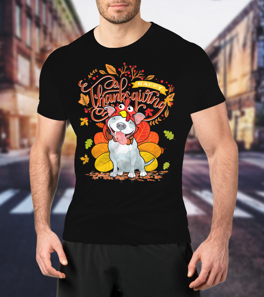 Happy Thanksgiving Pit Bull Wearing Turkey Hat Autumn Leaves T-Shirt