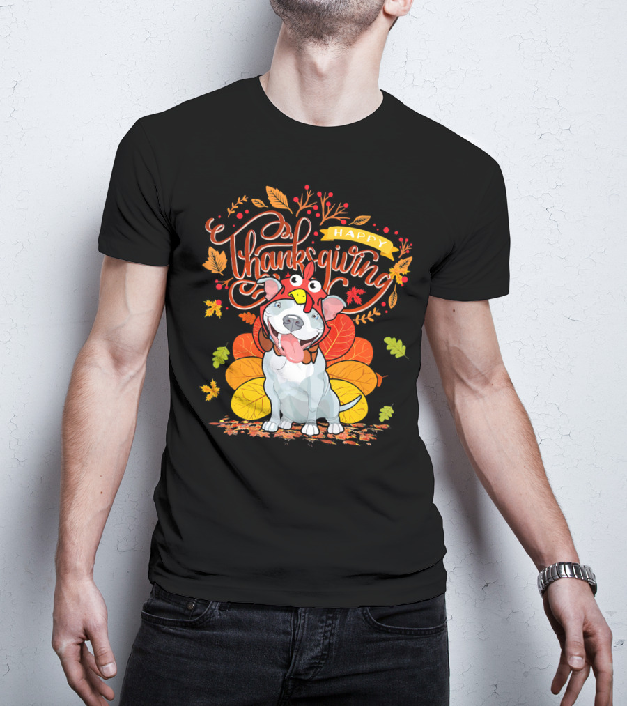 Happy Thanksgiving Pit Bull Wearing Turkey Hat Autumn Leaves T-Shirt
