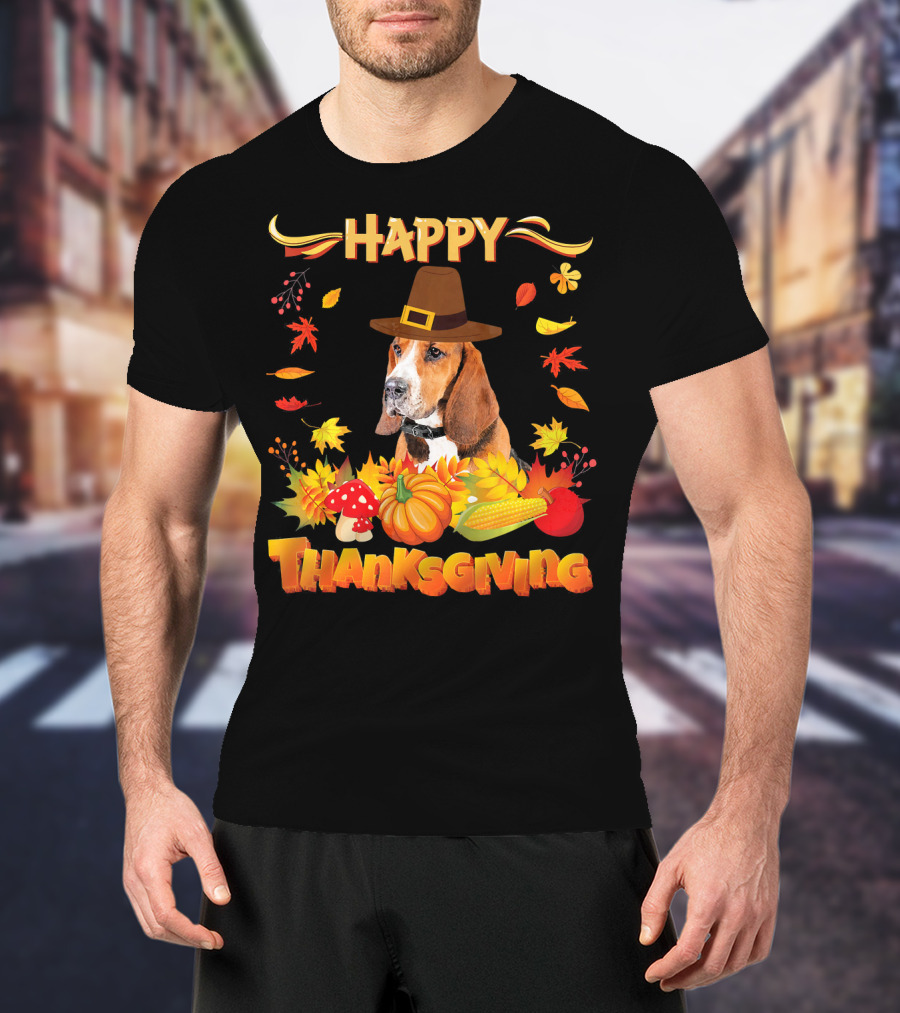 Happy Thanksgiving Basset Hound Dog With Pilgrim Hat And Autumn Harvest Elements T-Shirt