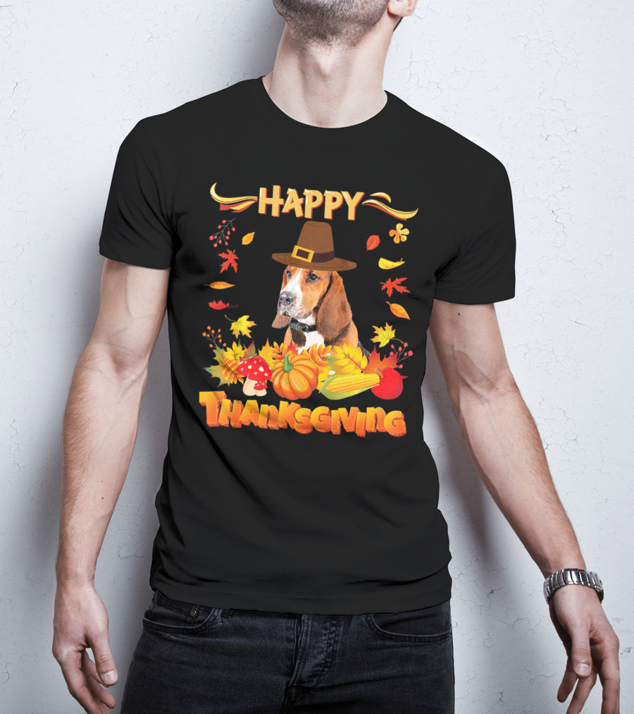 Happy Thanksgiving Basset Hound Dog With Pilgrim Hat And Autumn Harvest Elements T-Shirt
