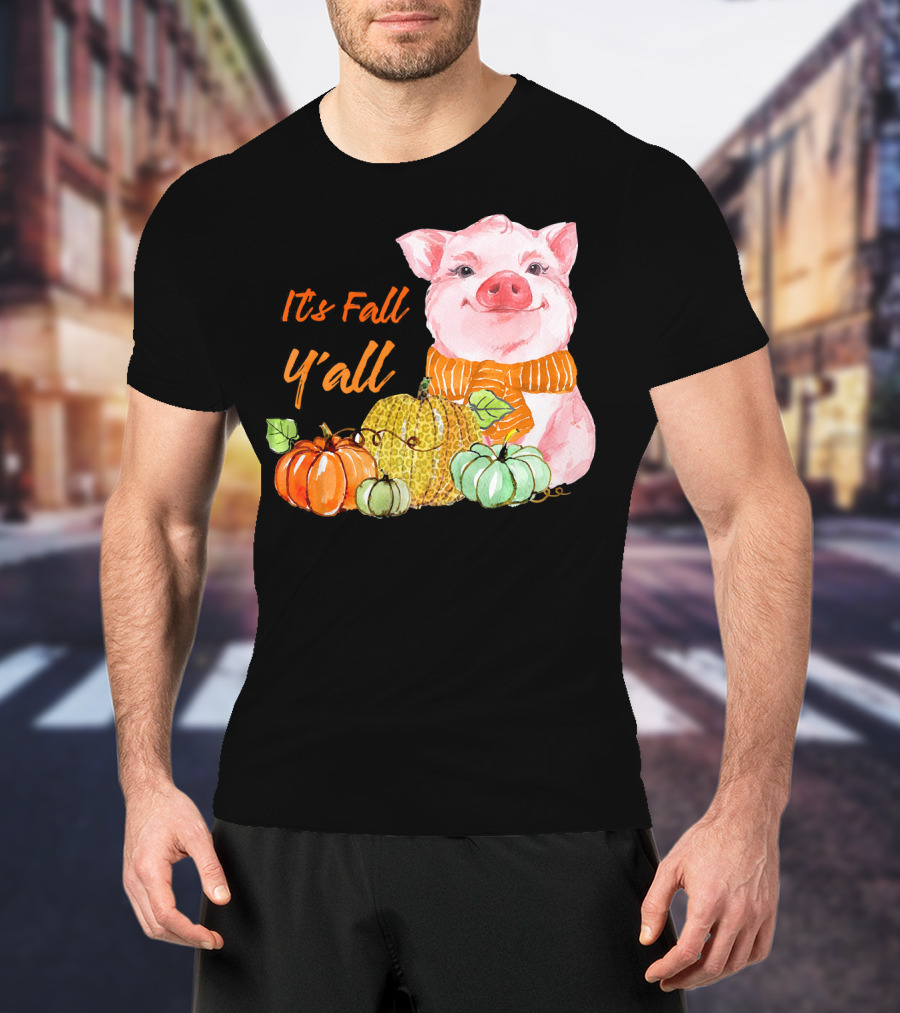 Its Fall Y'all Cute Pig With Leopard Pumpkin Scarf T-Shirt