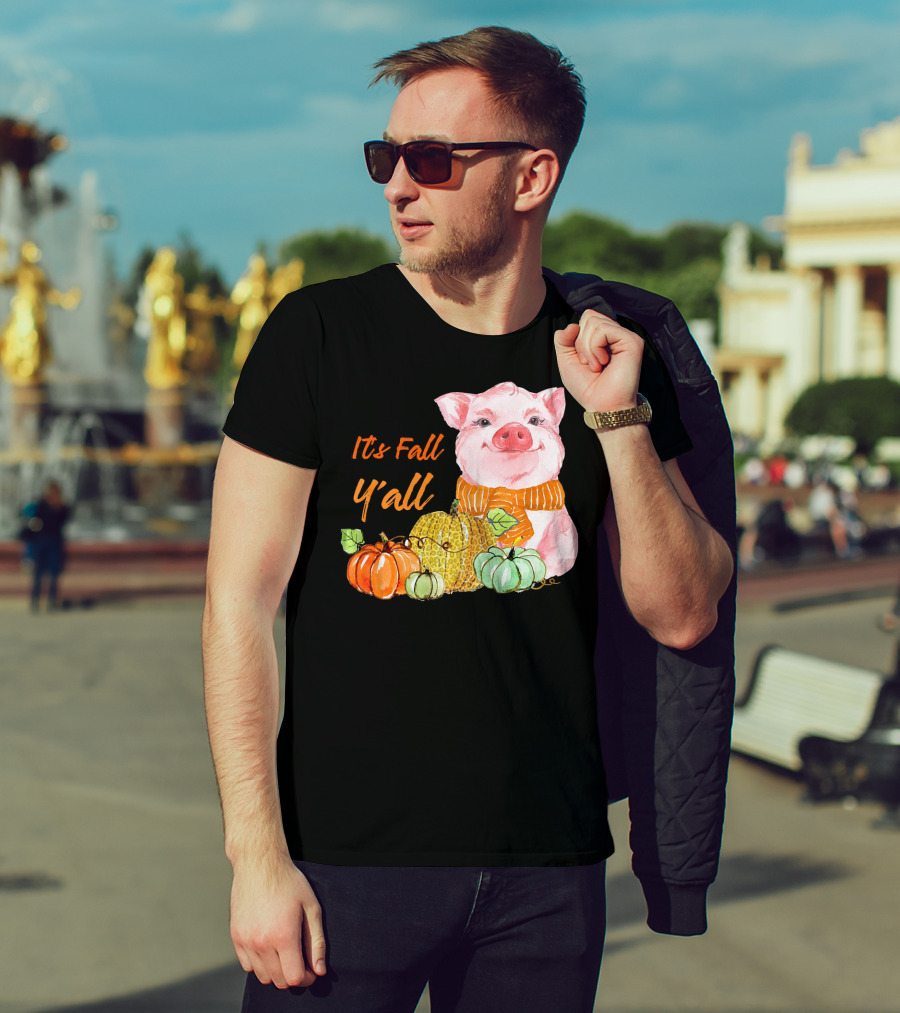 Its Fall Y'all Cute Pig With Leopard Pumpkin Scarf T-Shirt