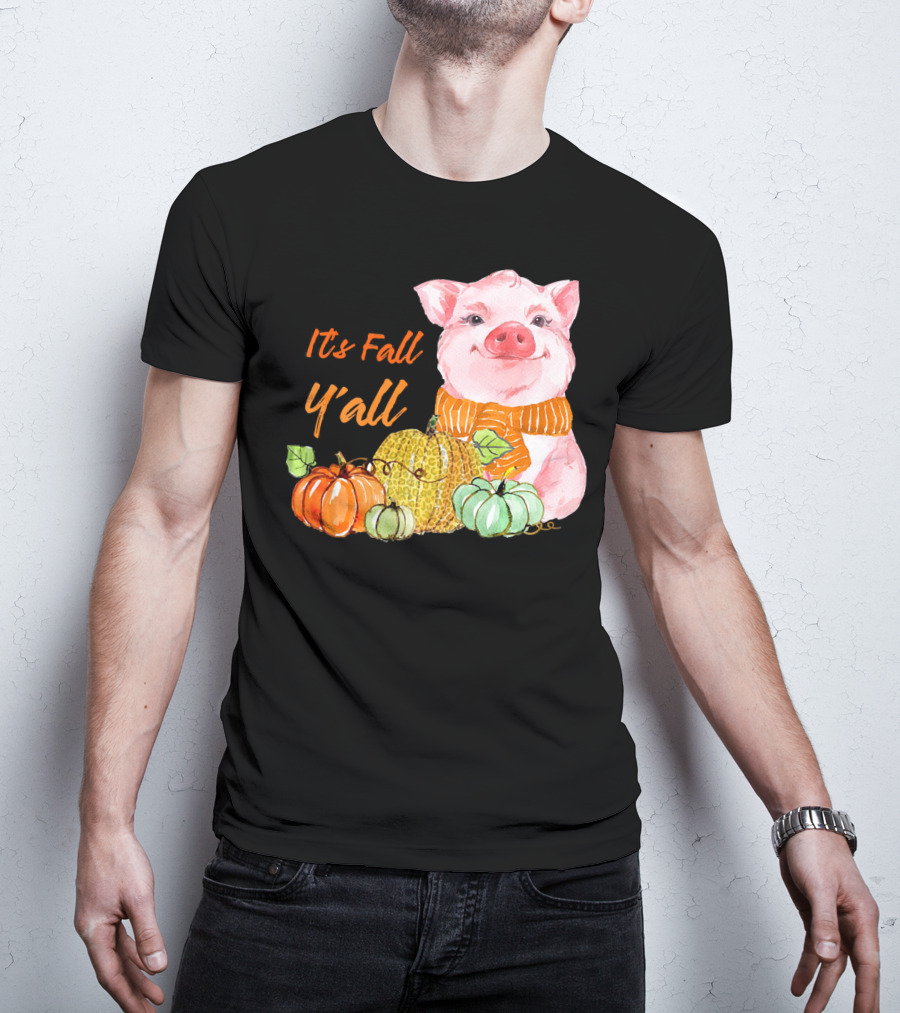 Its Fall Y'all Cute Pig With Leopard Pumpkin Scarf T-Shirt