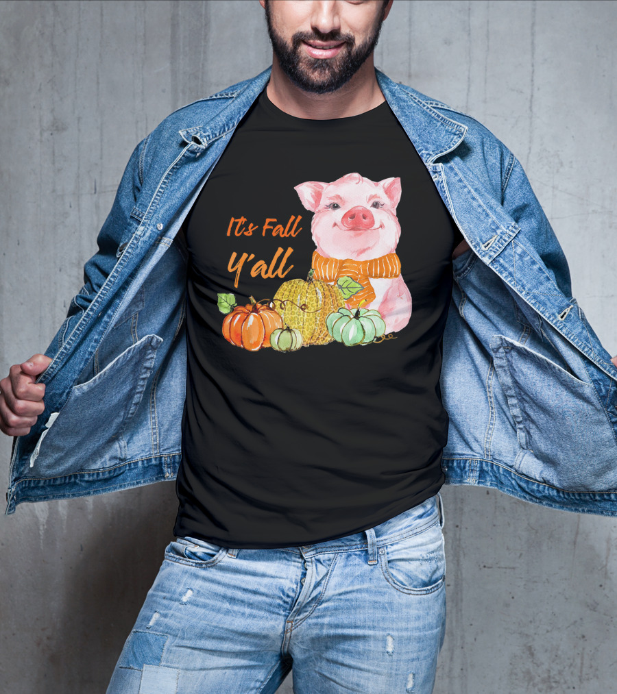 Its Fall Y'all Cute Pig With Leopard Pumpkin Scarf T-Shirt
