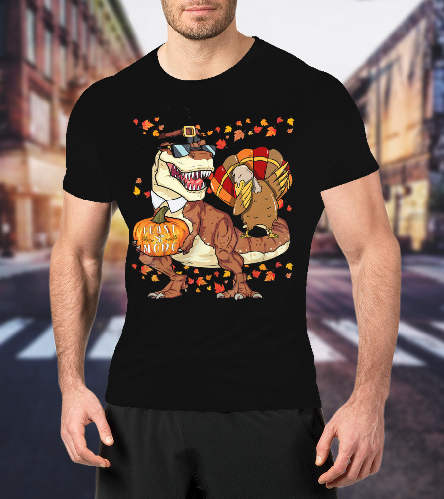 Thanksgiving Feast Mode Dinosaur With Turkey And Autumn Leaves T-Shirt