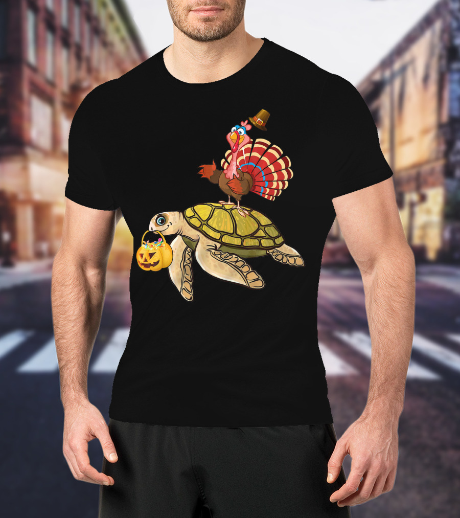Turkey Riding Turtle Pumpkin Funny Sea Thanksgiving Halloween Fusion T-Shirt