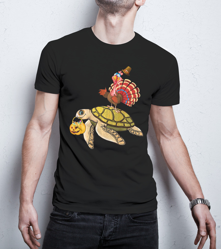 Turkey Riding Turtle Pumpkin Funny Sea Thanksgiving Halloween Fusion T-Shirt