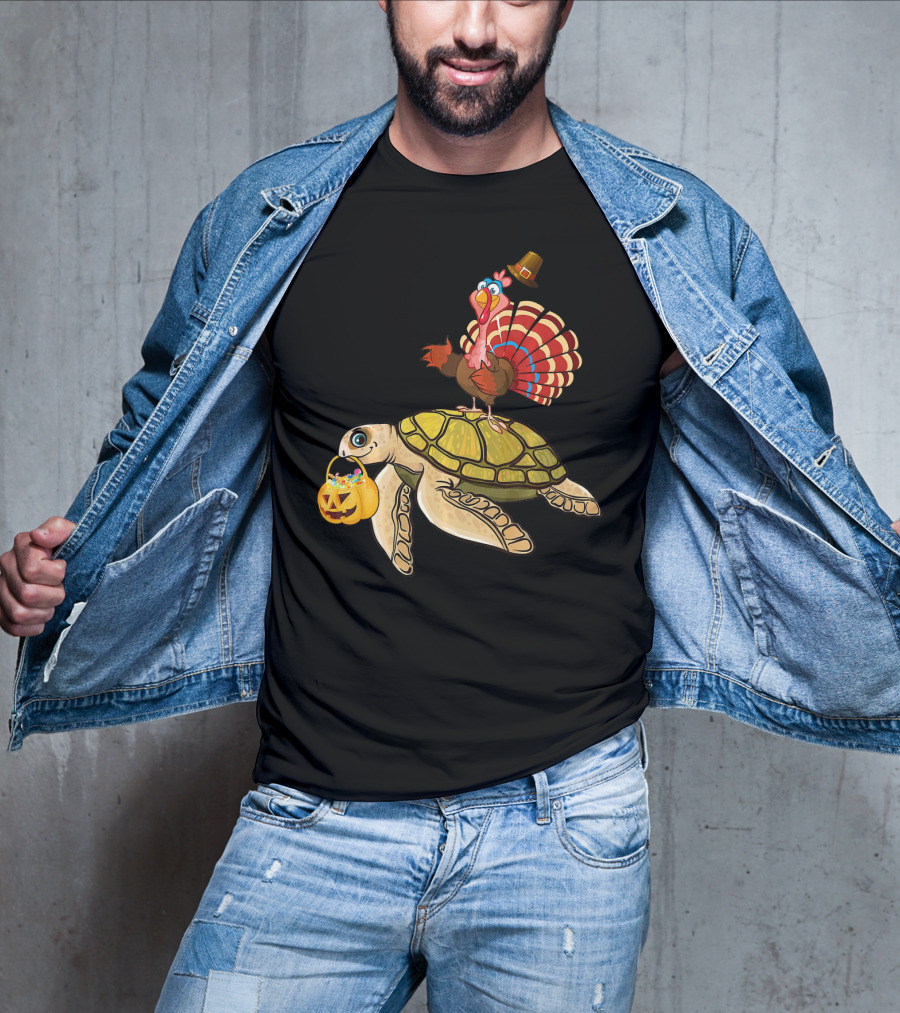 Turkey Riding Turtle Pumpkin Funny Sea Thanksgiving Halloween Fusion T-Shirt