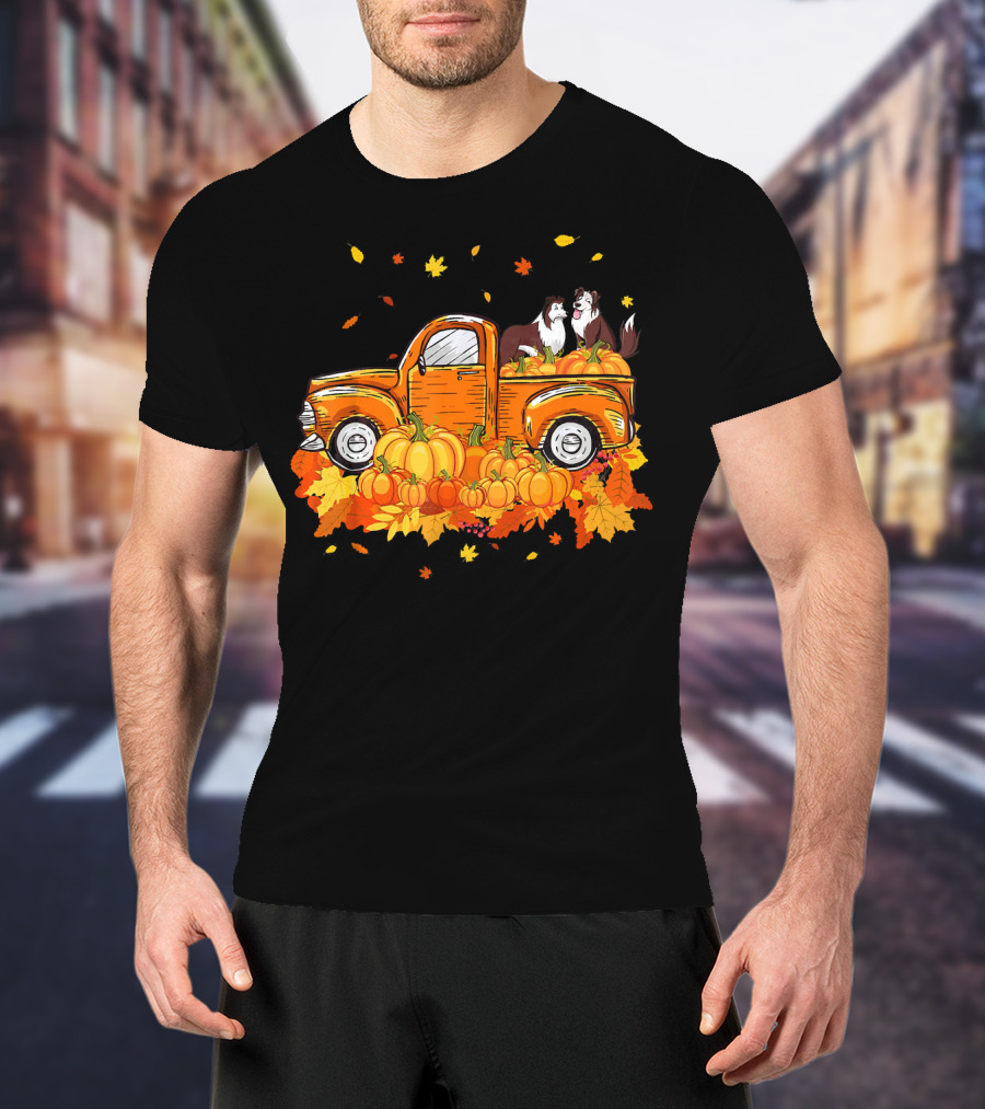 Heeler Pumpkin Truck With Fall Leaves And Pumpkins For Halloween T-Shirt
