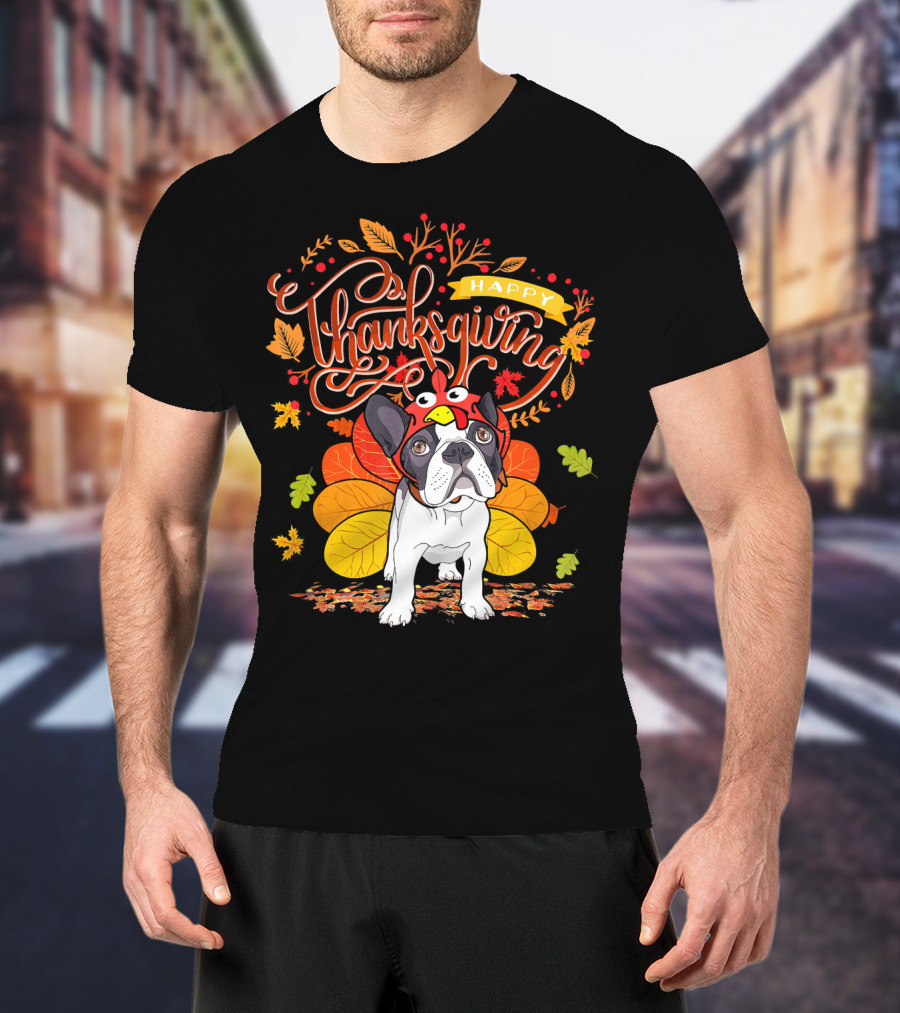 Happy Thanksgiving French Bulldog With Turkey Hat And Fall Leaves T-Shirt