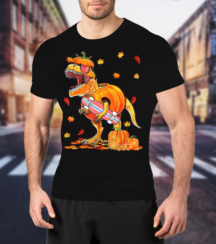 Dinosaur Pumpkin Skateboard Autumn Leaves Hall T-Shirt