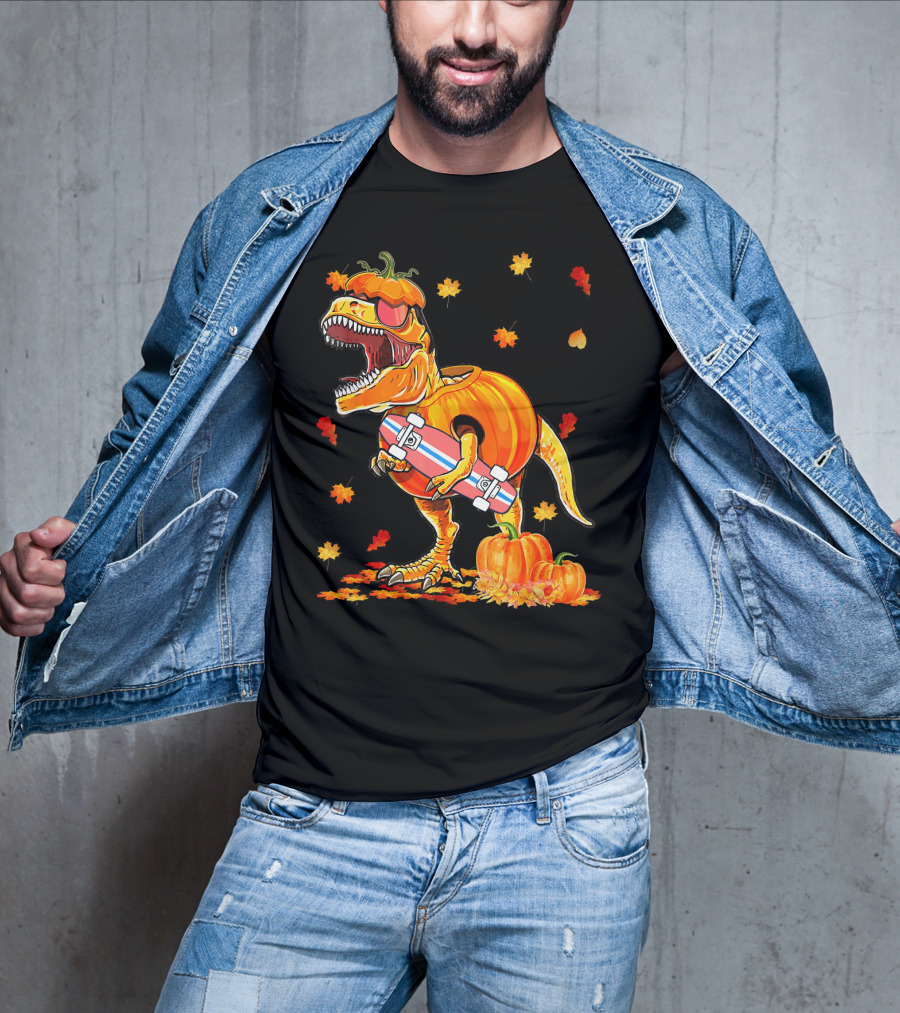 Dinosaur Pumpkin Skateboard Autumn Leaves Hall T-Shirt