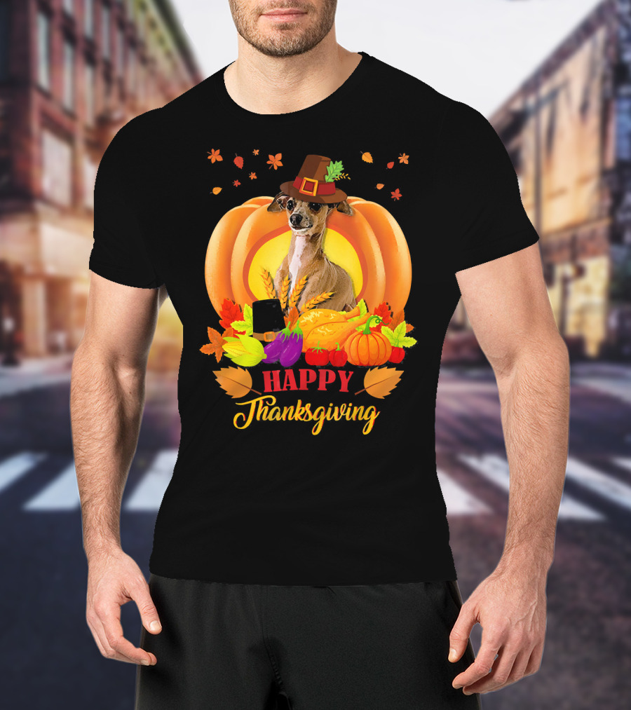 Italian Greyhound Happy Thanksgiving Pilgrim Hat Pumpkin Leaves T-Shirt