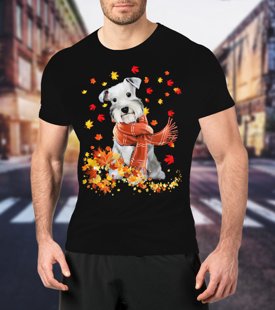 Cute Schnauzer Dog Autumn Leaves And Cozy Scarf T-Shirt