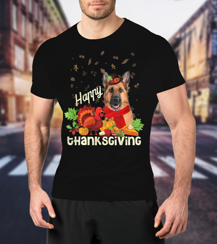 Happy Thanksgiving Pilgrim German Shepherd With Turkey And Fall Leaves T-Shirt