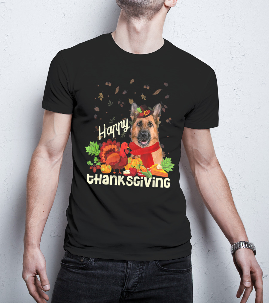 Happy Thanksgiving Pilgrim German Shepherd With Turkey And Fall Leaves T-Shirt