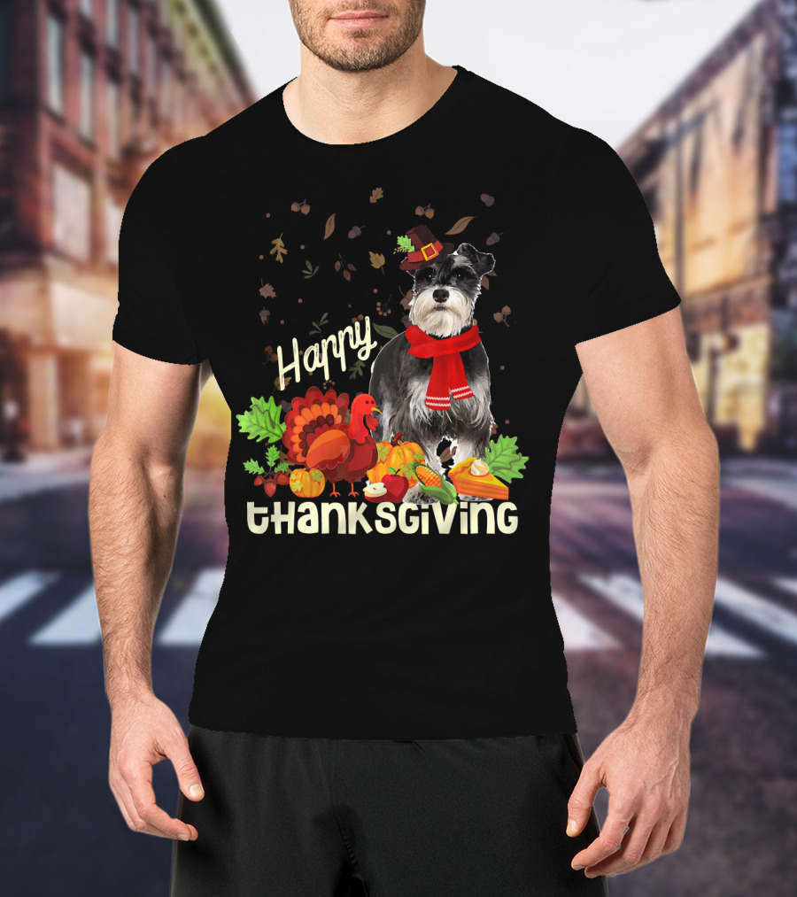 Happy Thanksgiving Pilgrim Miniature Schnauzer Turkey Pumpkin Pie Autumn Leaves T-Shirt