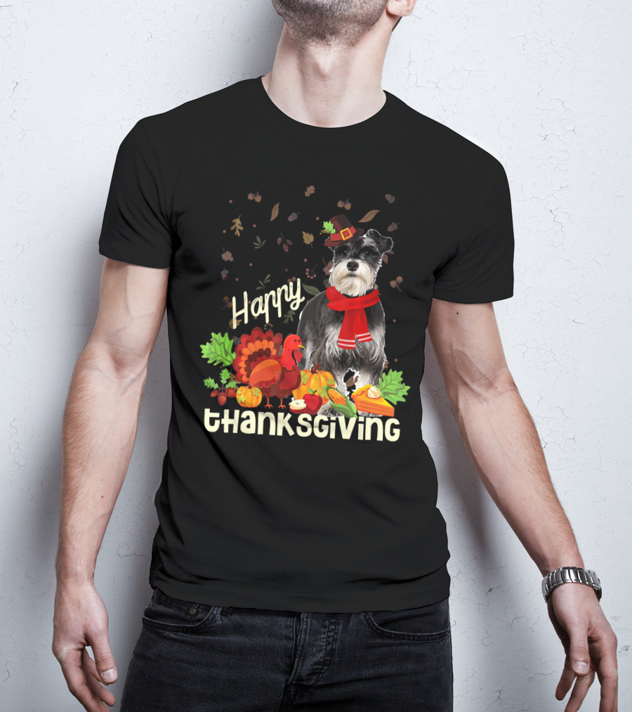 Happy Thanksgiving Pilgrim Miniature Schnauzer Turkey Pumpkin Pie Autumn Leaves T-Shirt