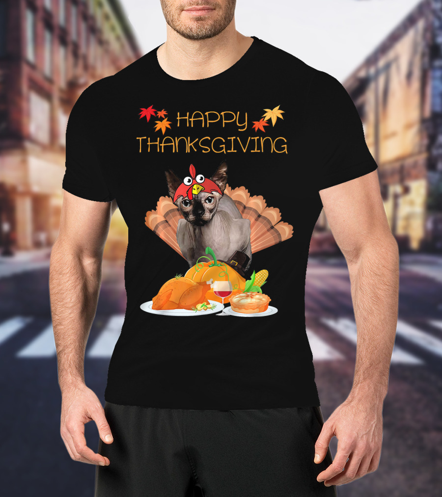Happy Thanksgiving Sphynx Cat Turkey Feast T-Shirt