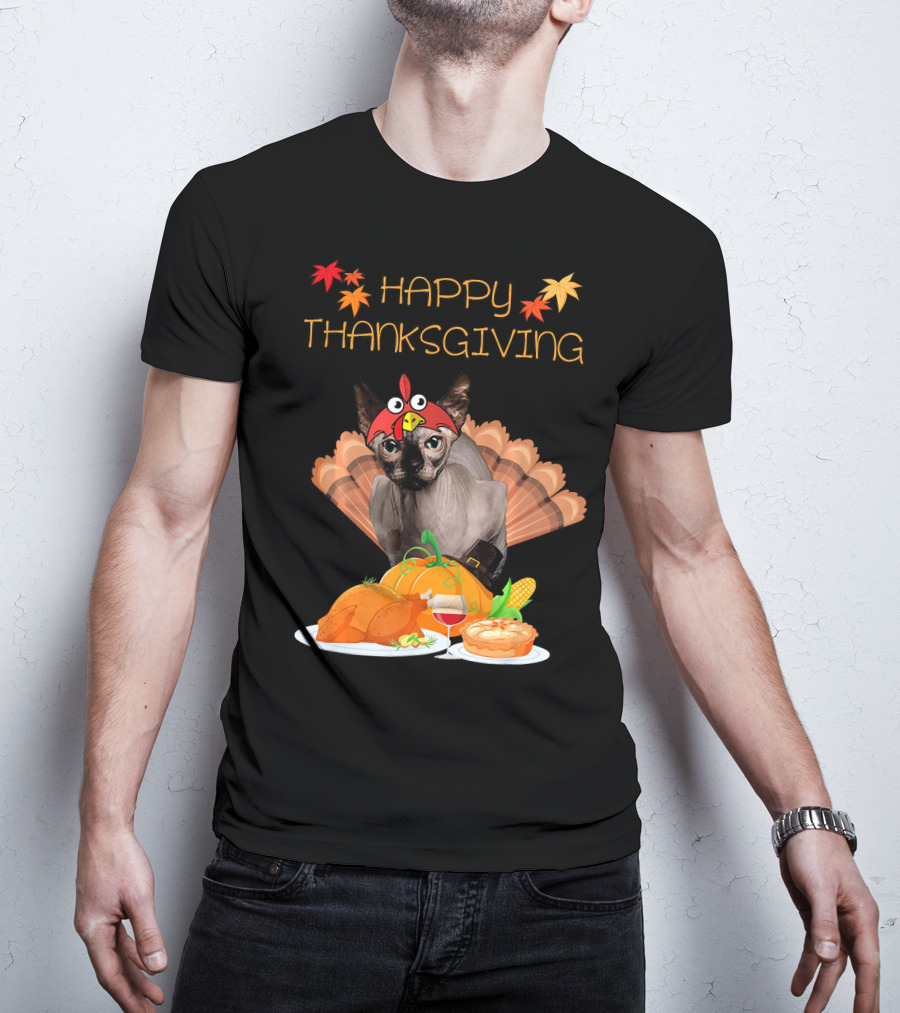 Happy Thanksgiving Sphynx Cat Turkey Feast T-Shirt