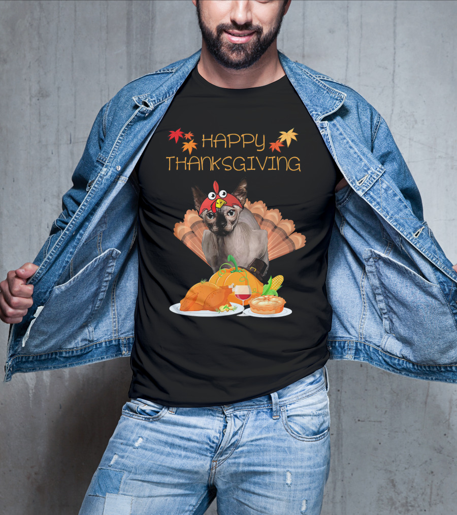 Happy Thanksgiving Sphynx Cat Turkey Feast T-Shirt