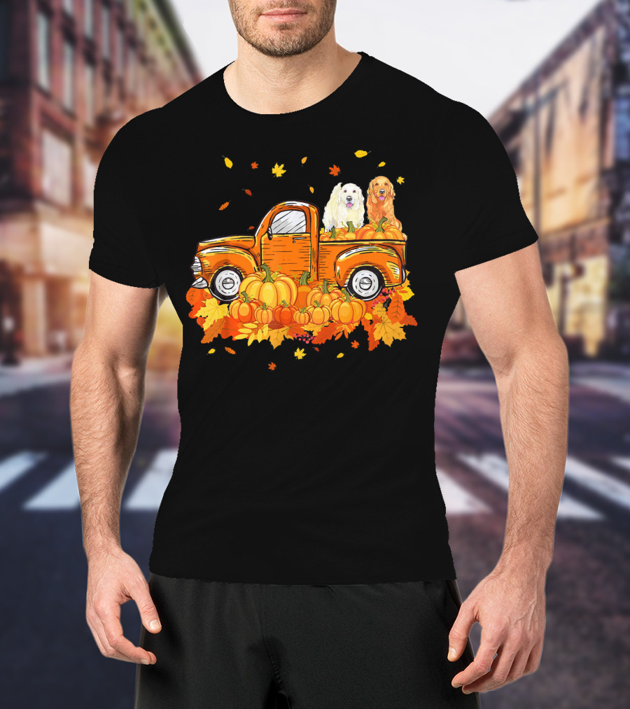 Golden Retriever Puppies In Vintage Pumpkin Truck With Autumn Leaves T-Shirt