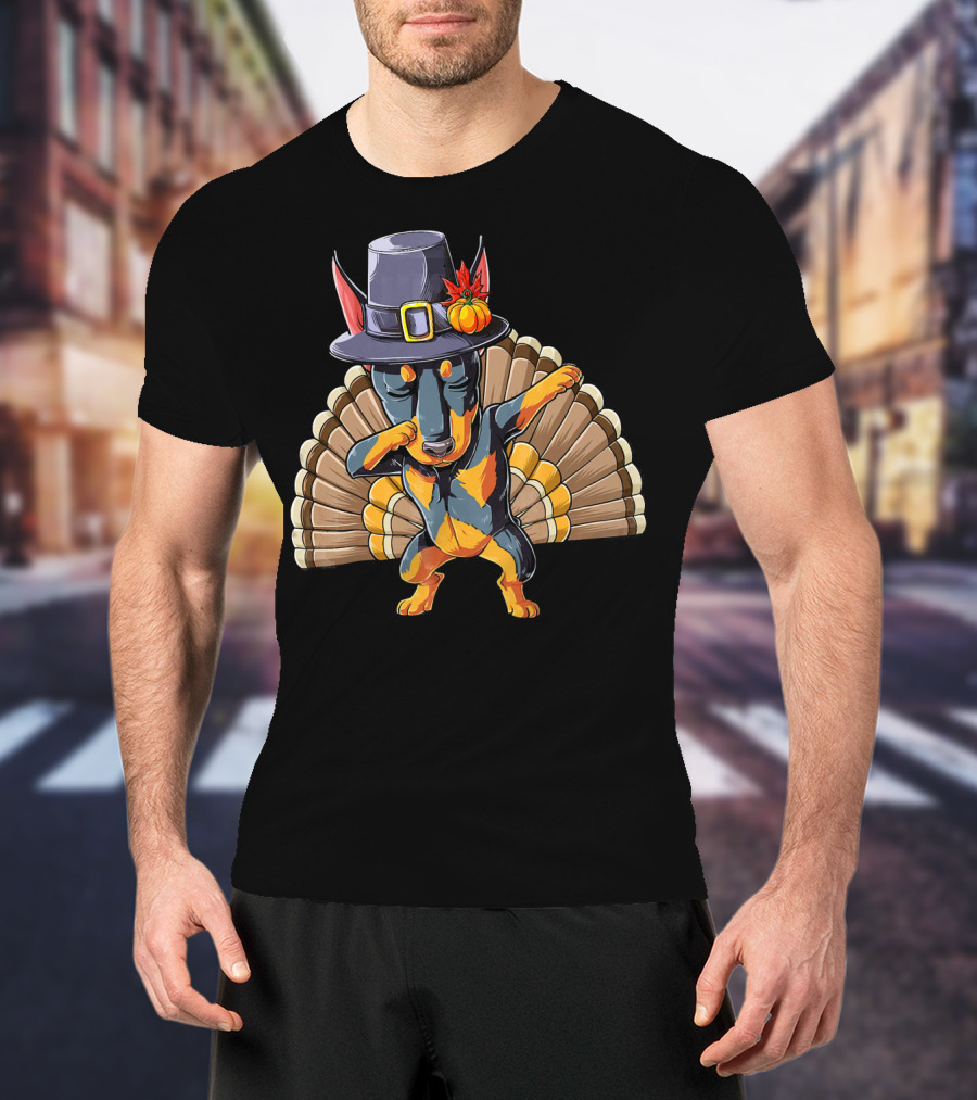 Thanksgiving Pilgrim Hat Dabbing Dog With Turkey Feathers T-Shirt