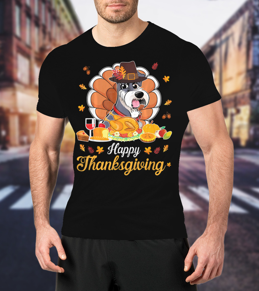 Happy Thanksgiving Schnauzer Pilgrim Turkey Feast Wine T-Shirt