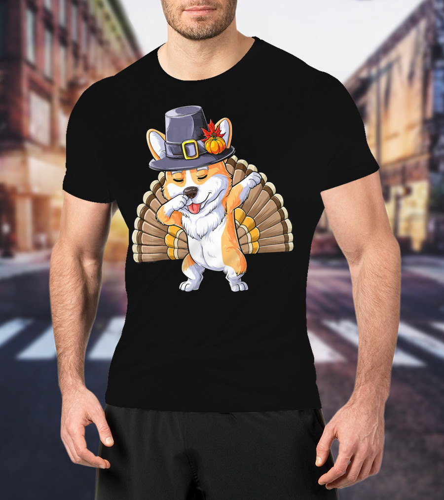 Thanksgiving Dabbing Corgi Pilgrim Hat Turkey Tail T-Shirt