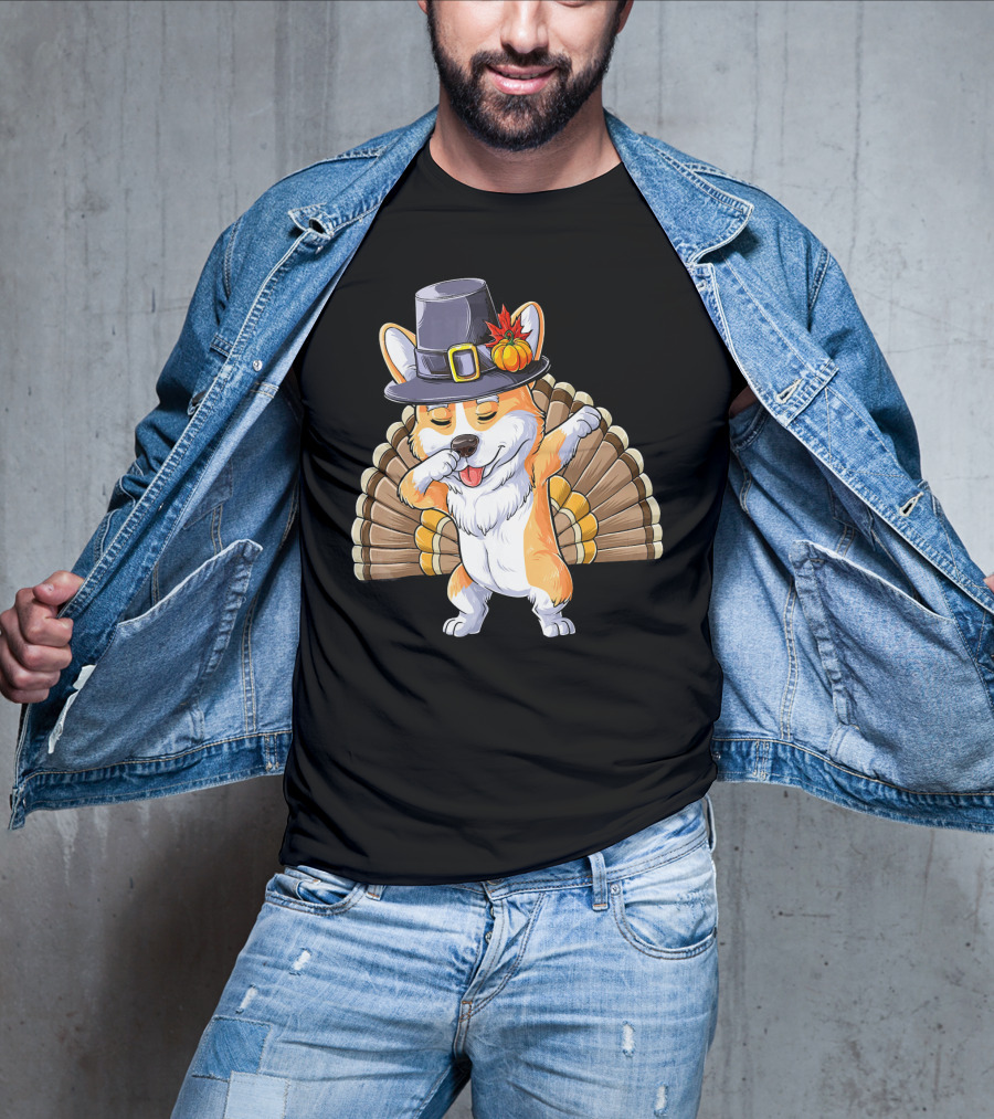 Thanksgiving Dabbing Corgi Pilgrim Hat Turkey Tail T-Shirt