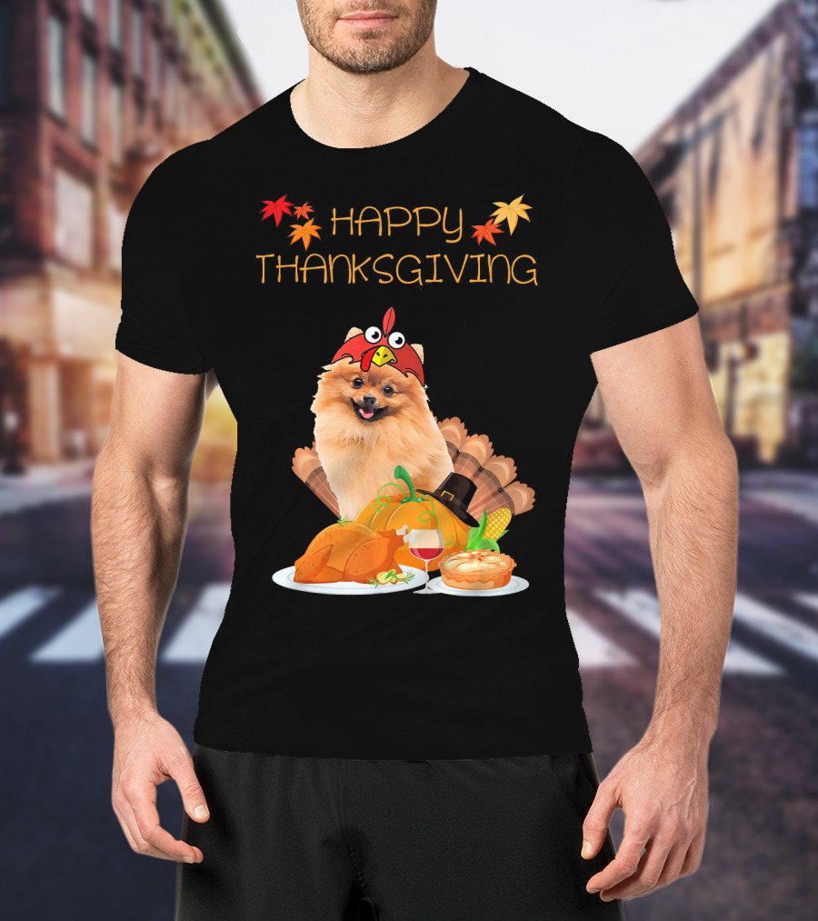 Happy Thanksgiving Day Pomeranian Turkey Pumpkin Pie T-Shirt