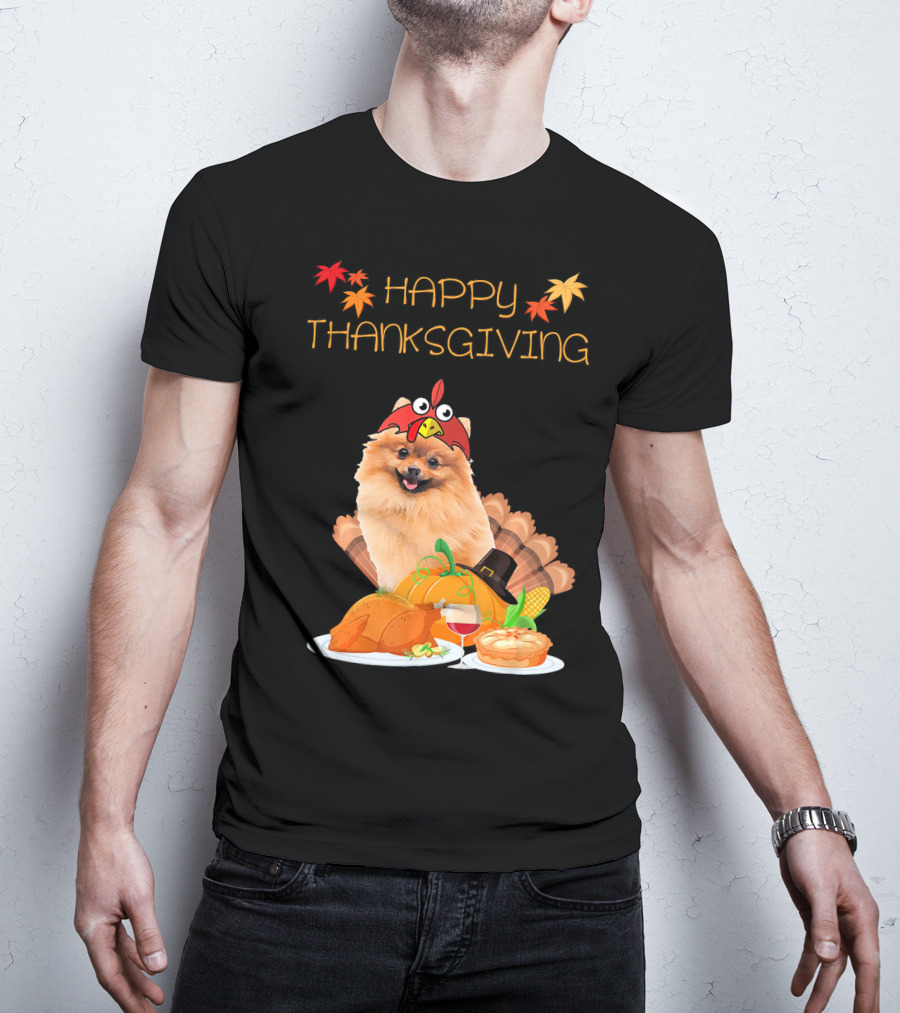 Happy Thanksgiving Day Pomeranian Turkey Pumpkin Pie T-Shirt
