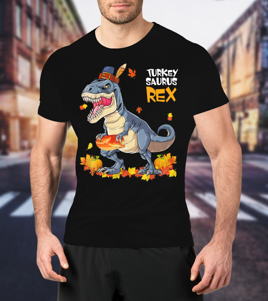 Turkey Saurus Rex Pilgrim Dinosaur Fall Leaves Pumpkins T-Shirt