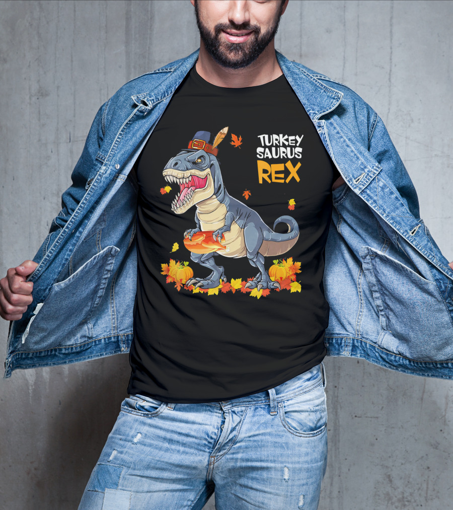 Turkey Saurus Rex Pilgrim Dinosaur Fall Leaves Pumpkins T-Shirt