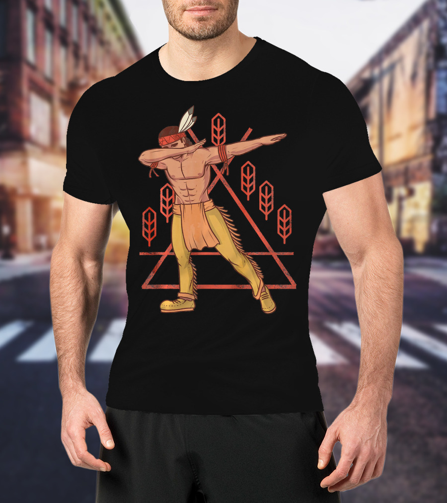 Thanksgiving Dabbing Native American Geometric Feather Motif T-Shirt