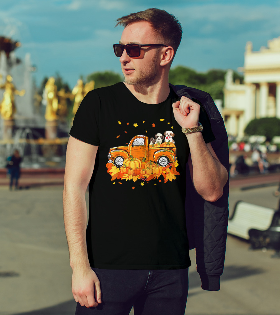 Shih Tzu Puppies In Pumpkin Truck With Autumn Leaves For Halloween T-Shirt