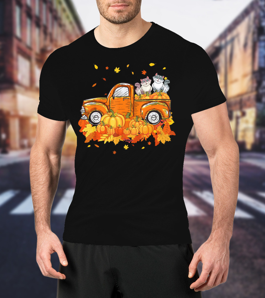 Cat Pumpkin Autumn Truck With Cats And Pumpkins T-Shirt