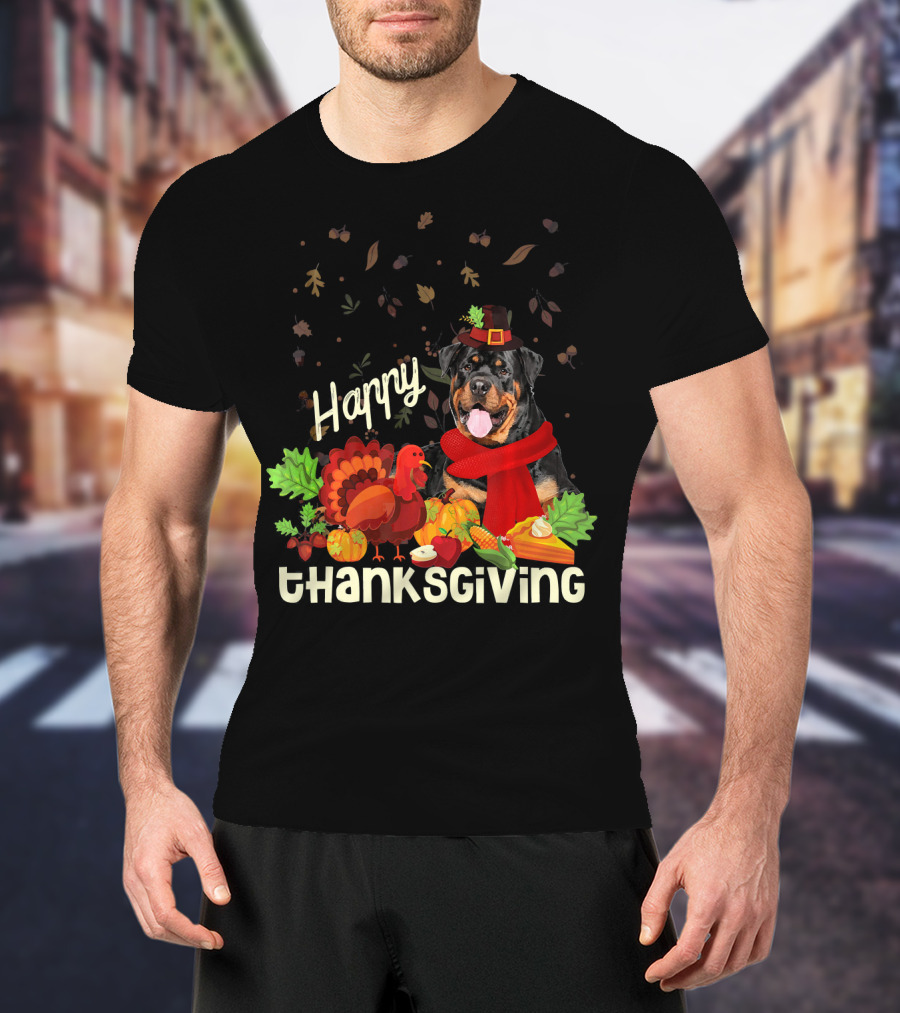 Happy Thanksgiving Pilgrim Rottweiler Turkey Feast With Autumn Leaves And Fruit T-Shirt