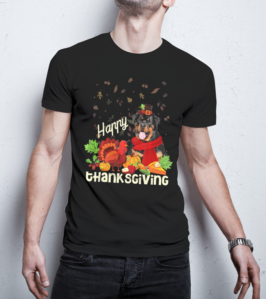 Happy Thanksgiving Pilgrim Rottweiler Turkey Feast With Autumn Leaves And Fruit T-Shirt