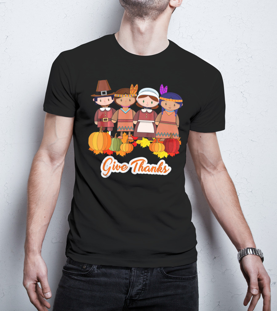 Give Thanks Thanksgiving Pilgrim And Native American With Pumpkins T-Shirt