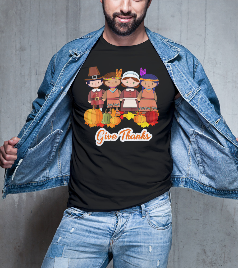 Give Thanks Thanksgiving Pilgrim And Native American With Pumpkins T-Shirt
